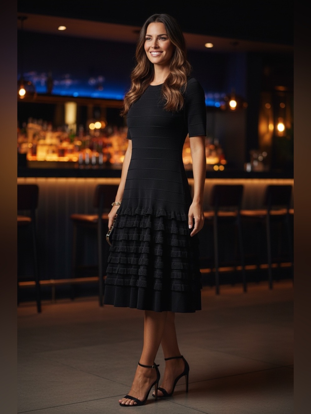 Carolina Herrera New York Black Knit Tiered Ruffle Midi Dress, Size Medium